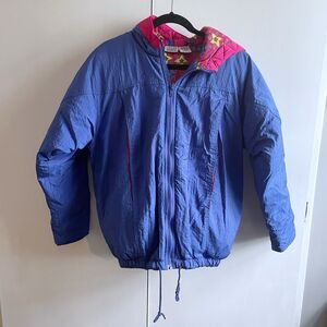 Vintage Fast Turn Down Jacket Womens Medium 10/12 Full Zip Blue Pink Collar Hood